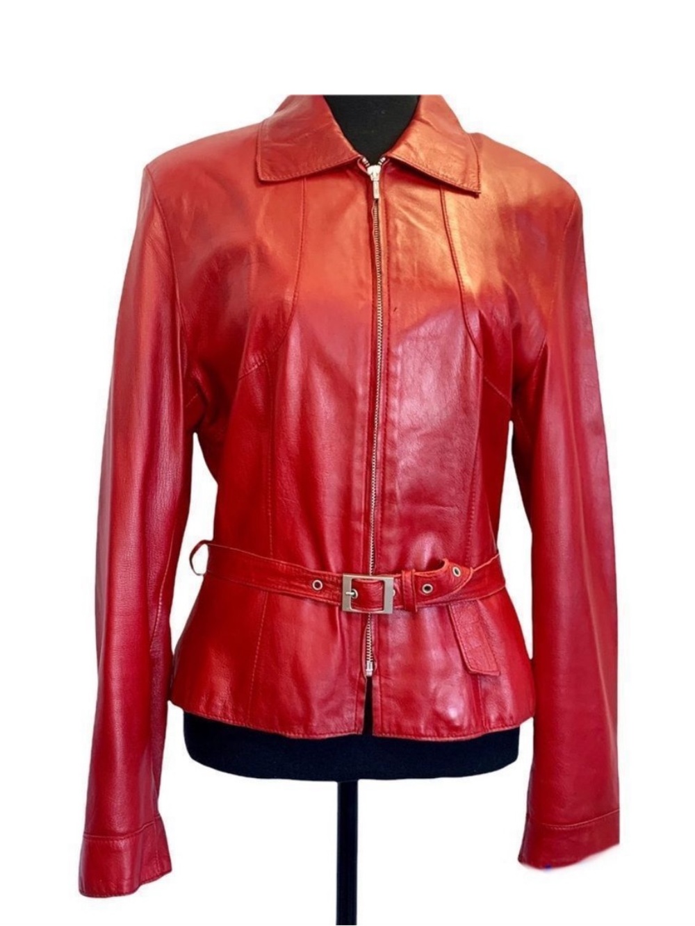 Danier Red Leather Belted Moto Jacket